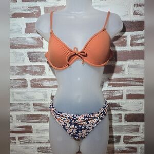 PINK Victoria's Secret Coral Push-Up Bikini Top with Navy Floral Bottoms